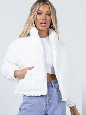 Princess Polly Alex Cord White Puffer Jacket Size XS/S
